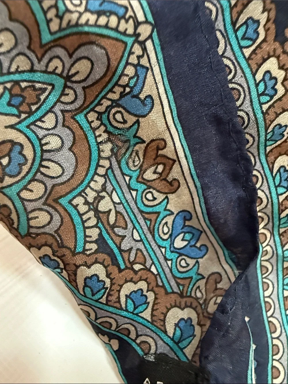 Zara Vintage Navy Paisley Floral Silk Scarf 🧣 with Teal and Tan Accents 25” Sq
